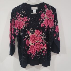 Womens Lightweight Sweater Size Petite Large Floral Rhinestones‎ Artsy Evening